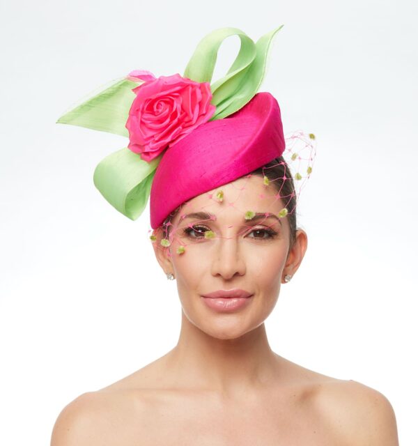 Alice hot pink cap with rose and lime bow