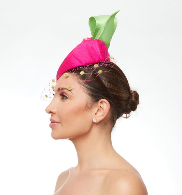 Alice hot pink cap with rose and lime bow - Image 2