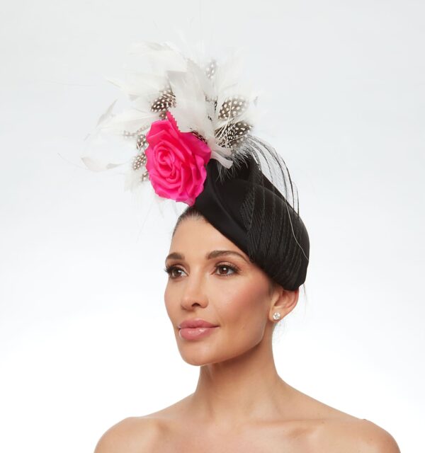 Black cap with polka dot and white feathers and hot pink rose - Image 2