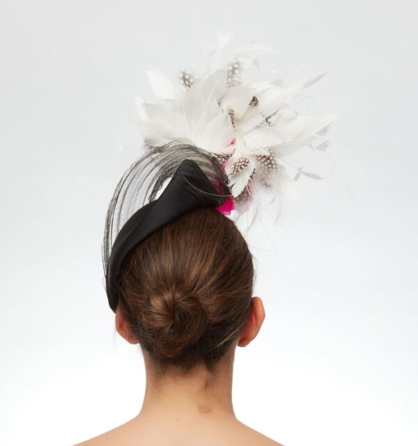 Black cap with polka dot and white feathers and hot pink rose - Image 3