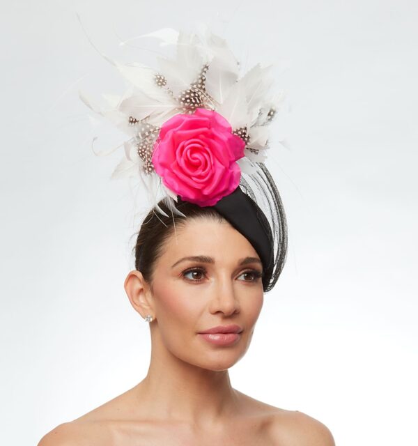 Black cap with polka dot and white feathers and hot pink rose - Image 4