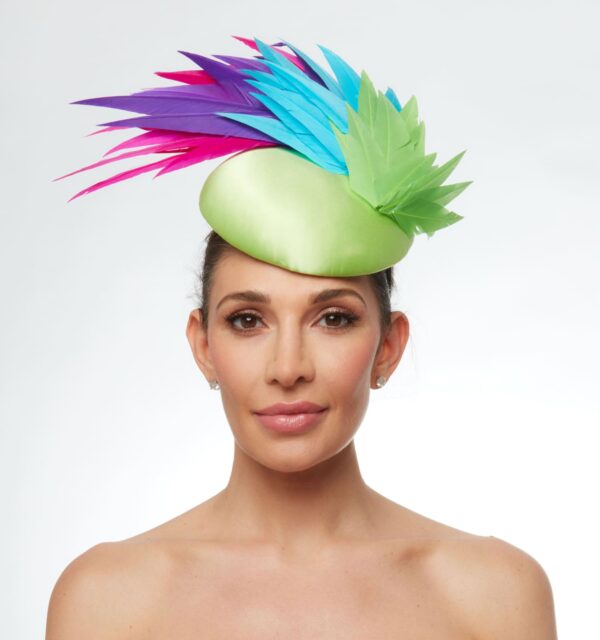 Lime silk cap with multicolored feathers