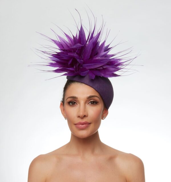 Purple cap with purple spiky feathers