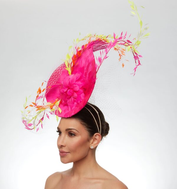 Hot pink oversized teardrop feather hat with neon yellow and orange feathers - Image 2