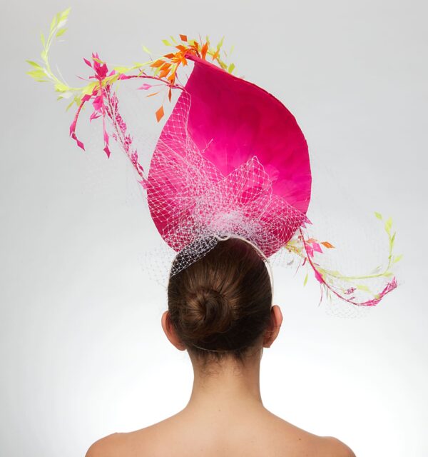 Hot pink oversized teardrop feather hat with neon yellow and orange feathers - Image 3