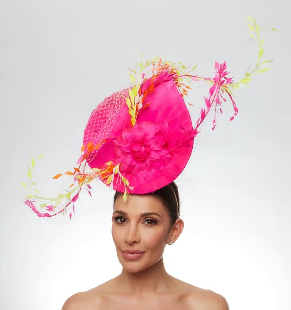 Hot pink oversized teardrop feather hat with neon yellow and orange feathers - Image 4