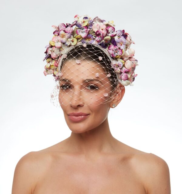 Pansy multicolor flower headband with veil - Image 2