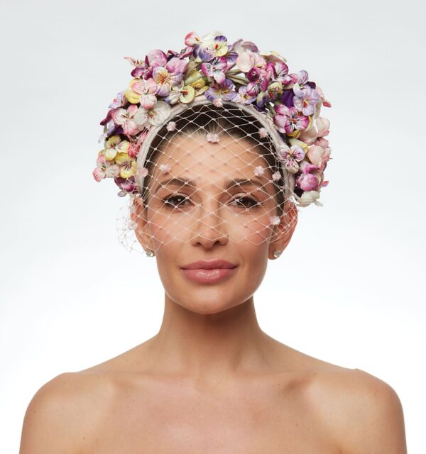 Pansy multicolor flower headband with veil