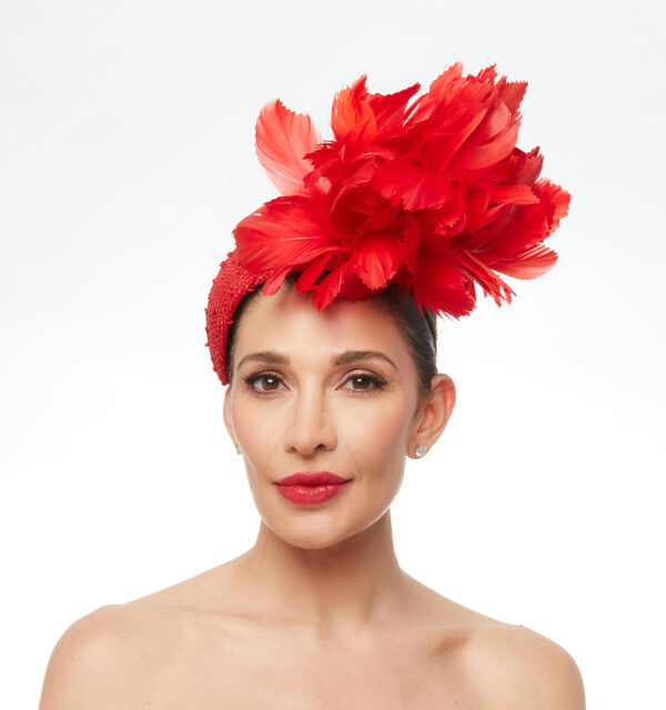 Scarlet red fascinator cap with feathers