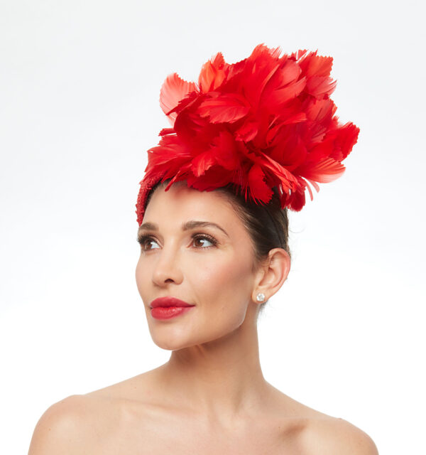 Scarlet red fascinator cap with feathers - Image 2