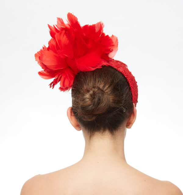 Scarlet red fascinator cap with feathers - Image 3