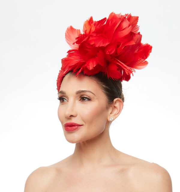 Scarlet red fascinator cap with feathers - Image 4