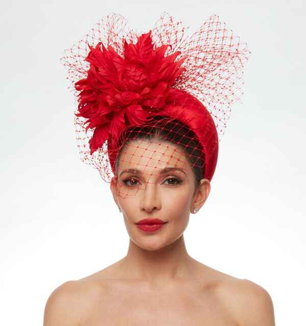 Red silk headband with veiling