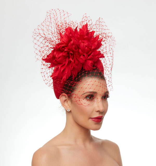 Red silk headband with veiling - Image 5