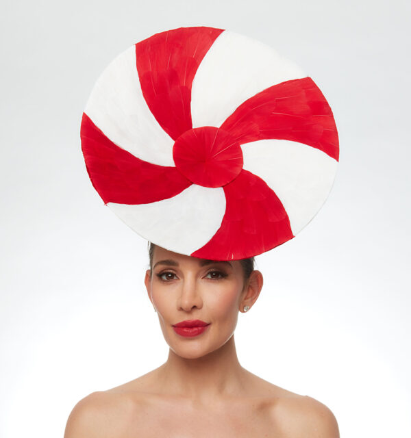 Red and white peppermint feather hat