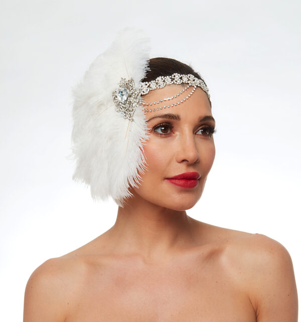 1920s flapper headband with white ribbon and crystal headband