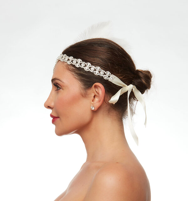 1920s flapper headband with white ribbon and crystal headband - Image 2