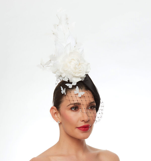 Black cap with white butterflies veil flower and feathers - Image 4