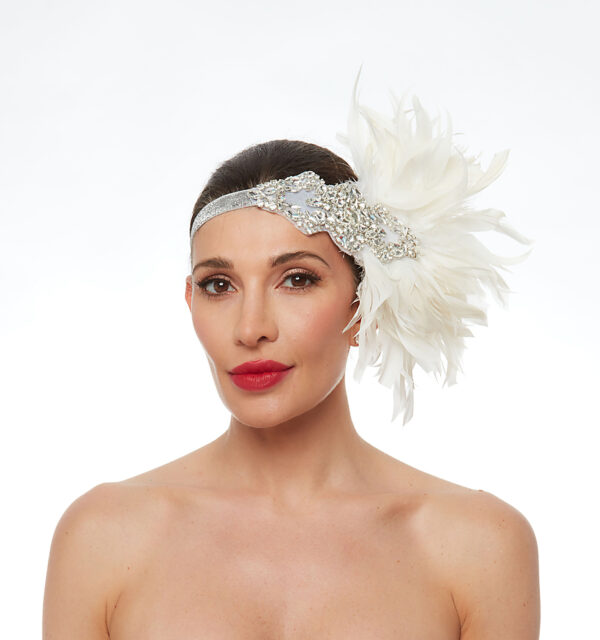 1920s flapper headband with silver elastic headband and wild ivory feathers