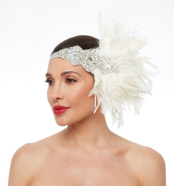 1920s flapper headband with silver elastic headband and wild ivory feathers - Image 2