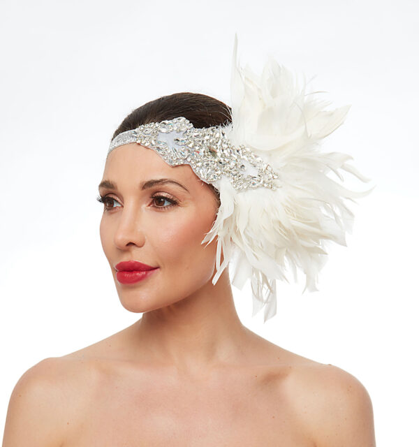 1920s flapper headband with silver elastic headband and wild ivory feathers - Image 4